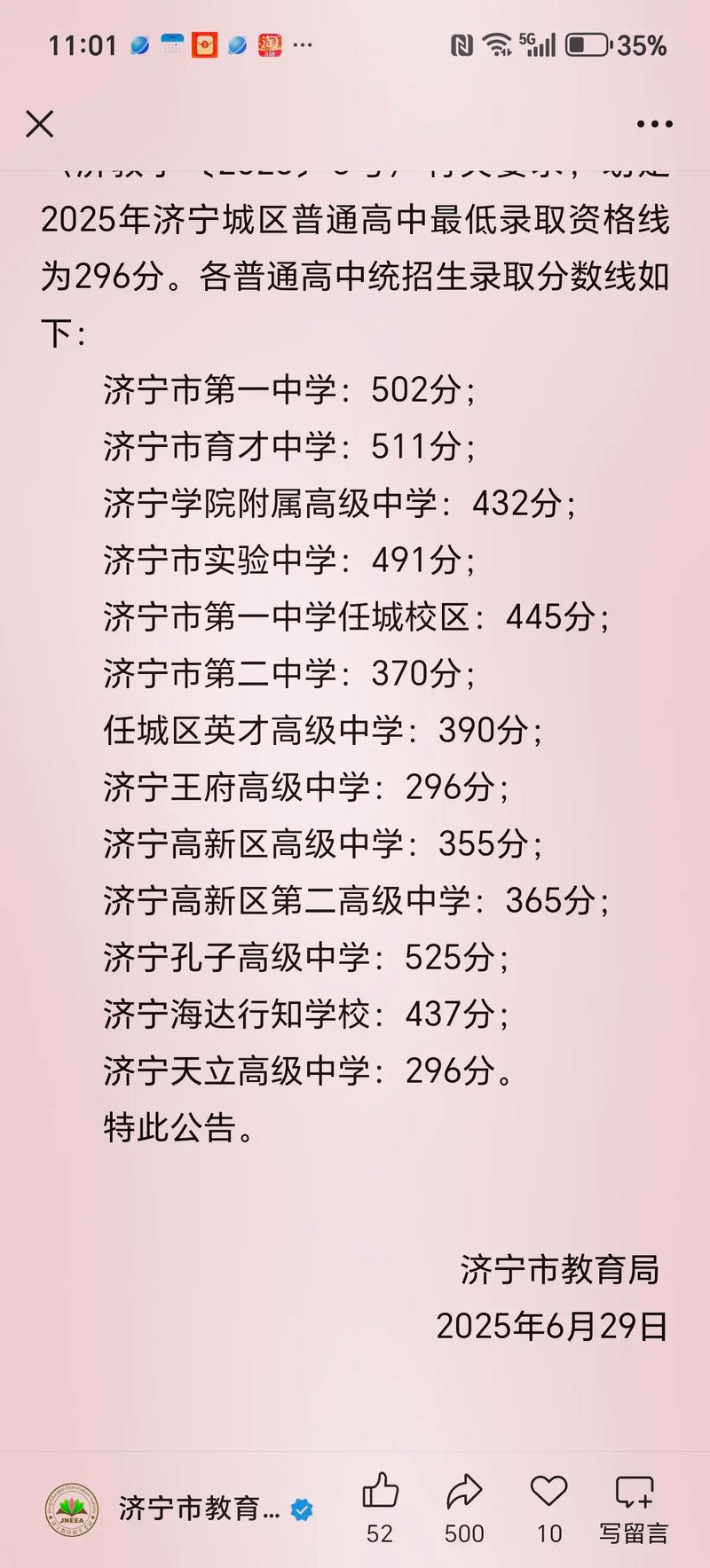 济宁今年高中录取线是多少？-图1